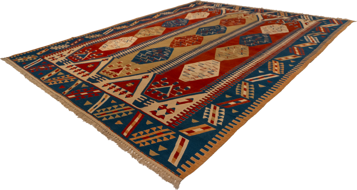 W 9.9 - L 12.8 - Kilim Wool Geometric Rectangle - Finest Hand-Made Quality Wool - 26089