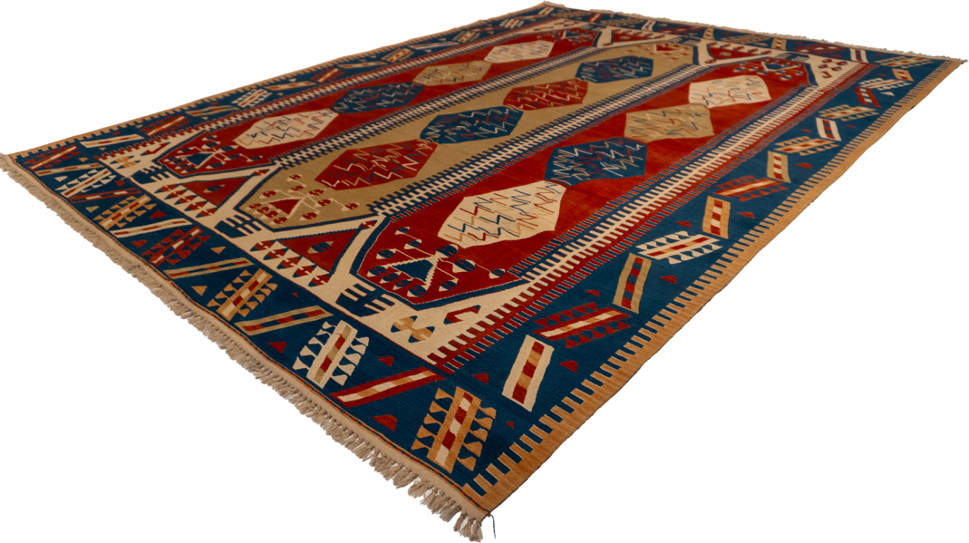W 9.9 - L 12.8 - Kilim Wool Geometric Rectangle - Finest Hand-Made Quality Wool - 26089