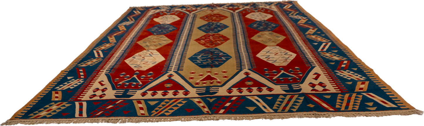 W 9.9 - L 12.8 - Kilim Wool Geometric Rectangle - Finest Hand-Made Quality Wool - 26089