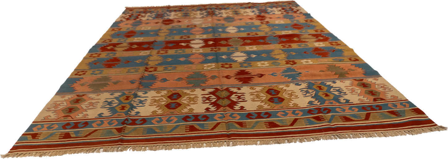 W 8.6 L 11.9 Kilim 100% Wool Hand-Woven All-Over Design - 26098