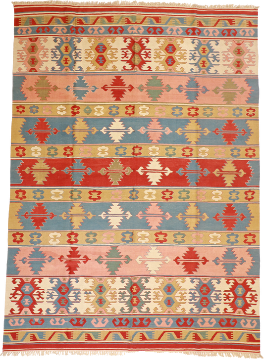 W 8.6 L 11.9 Kilim 100% Wool Hand-Woven All-Over Design - 26098