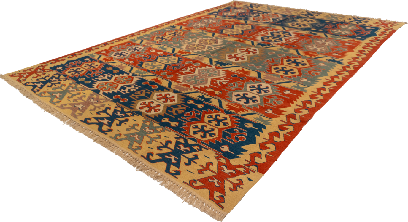 W 8.10 L 12.5 Kilim 100% Wool Hand-Woven Geometric Design - 26104