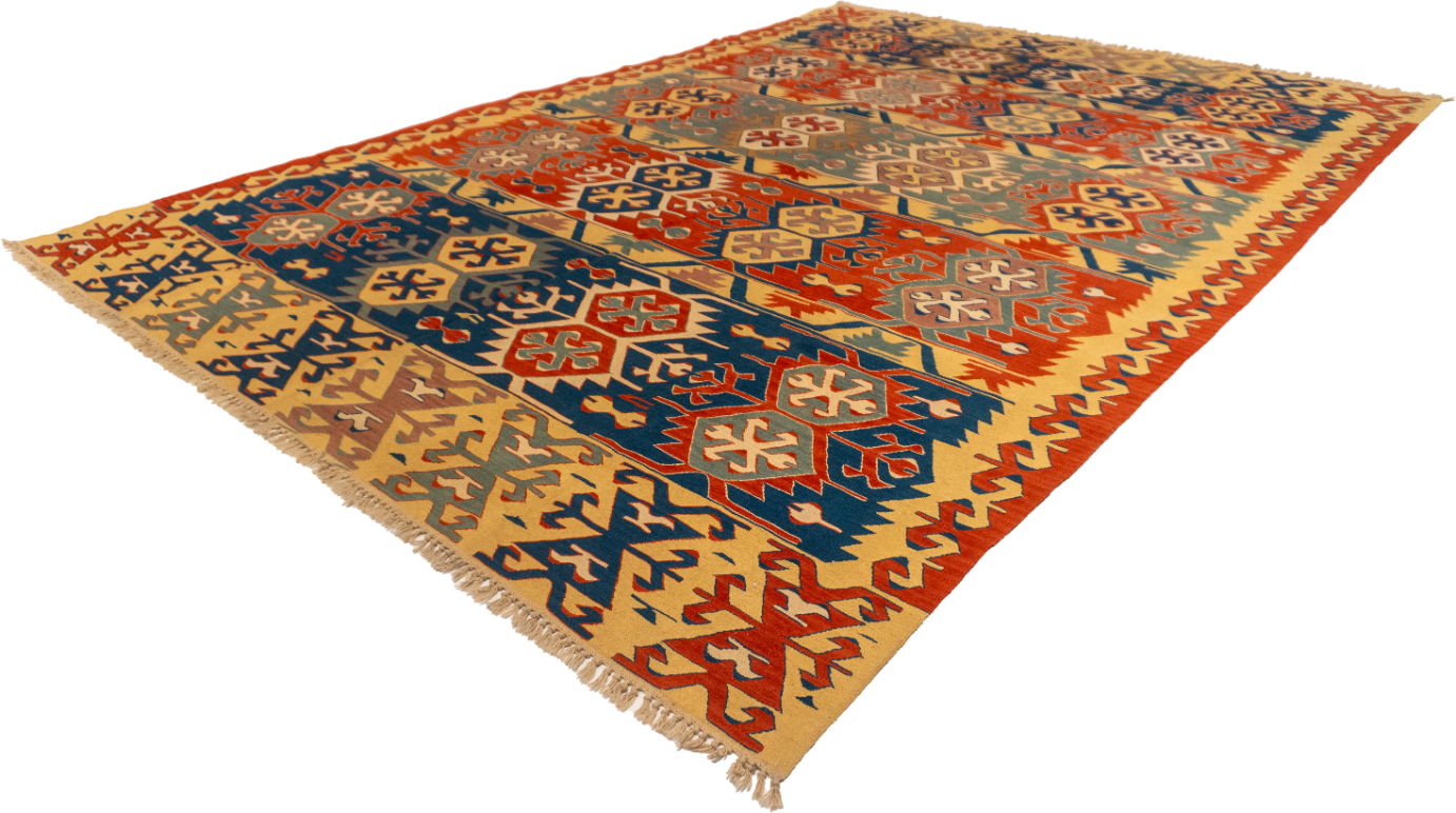 W 8.10 L 12.5 Kilim 100% Wool Hand-Woven Geometric Design - 26104