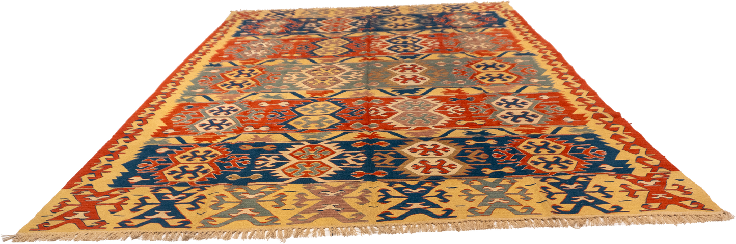 W 8.10 L 12.5 Kilim 100% Wool Hand-Woven Geometric Design - 26104