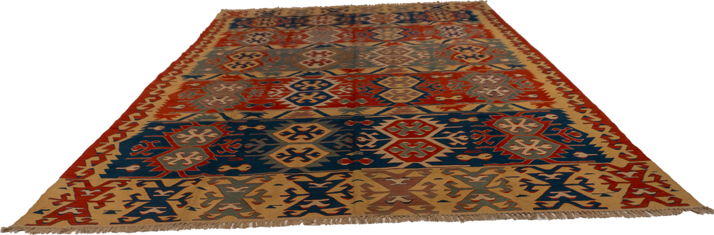 W 8.10 L 12.5 Kilim 100% Wool Hand-Woven Geometric Design - 26104