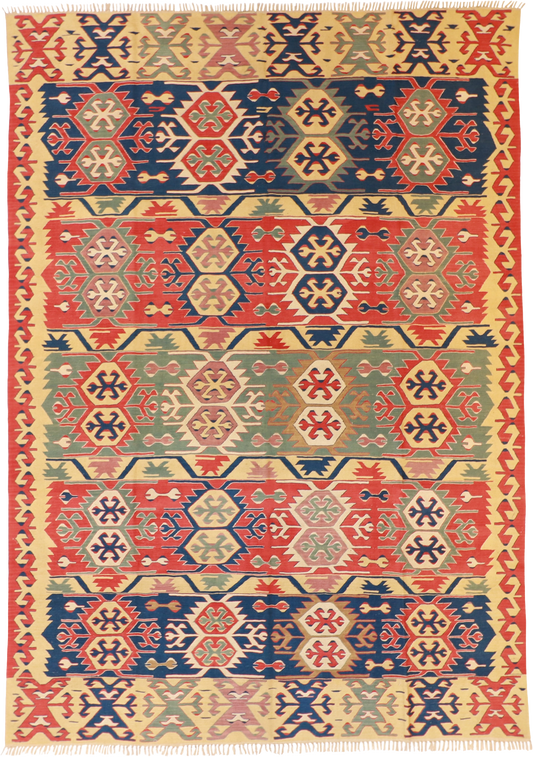 W 8.10 L 12.5 Kilim 100% Wool Hand-Woven Geometric Design - 26104