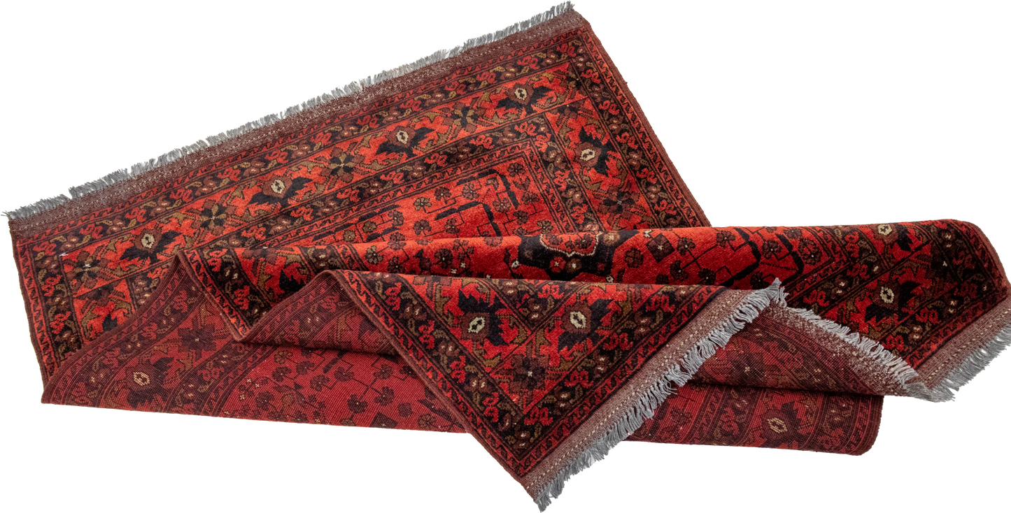 W 3.5 L 4.10 Khan Mohamadi 100% Wool Hand-Woven Geometric Design - 26305