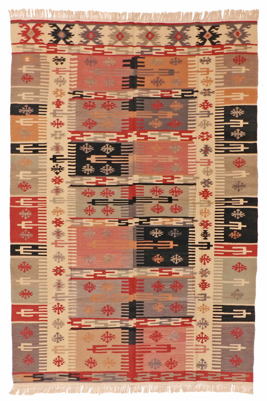 6 x 8.10 - Kilim Wool Geometric Rectangle - Finest Hand-Knotted Quality Wool — 27114