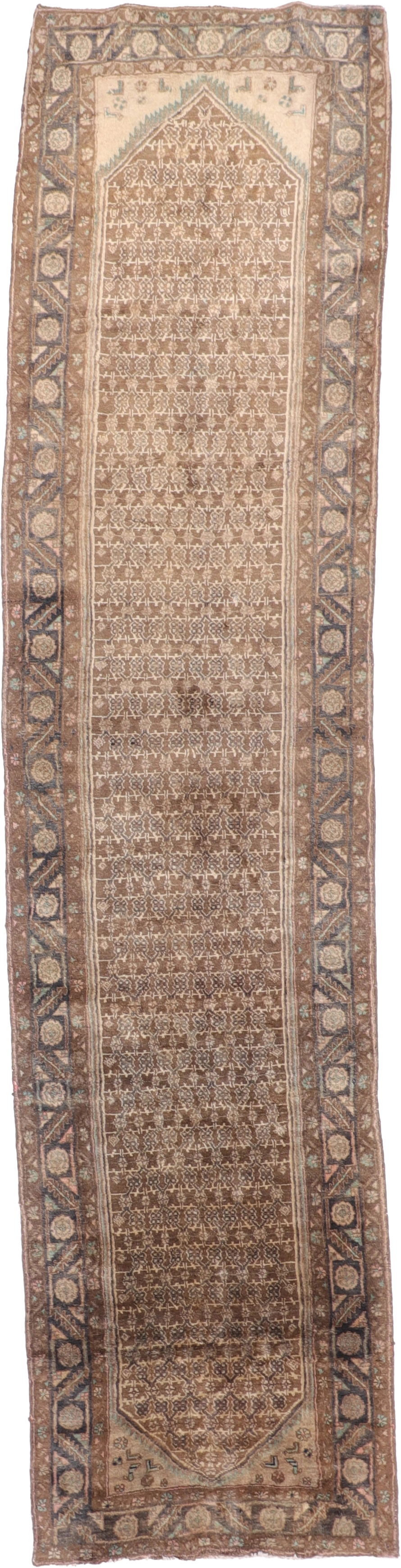W 3.6 L 14.8 Hamadan Runner 100% Silk Hand-Woven Geometric Design - 27243