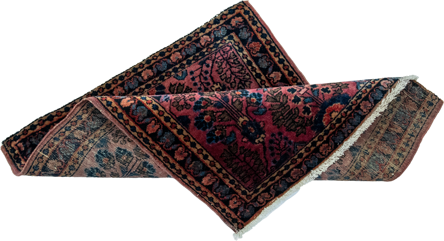 W 1.11 L 2.5 Sarouk Antique 100% Wool Hand-Woven Floral Design - 27587