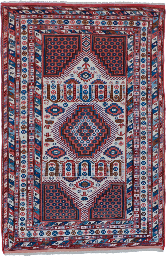 W 4.4 L 6.4 Kazak 100% Wool Hand-Woven All-Over Design - 27599