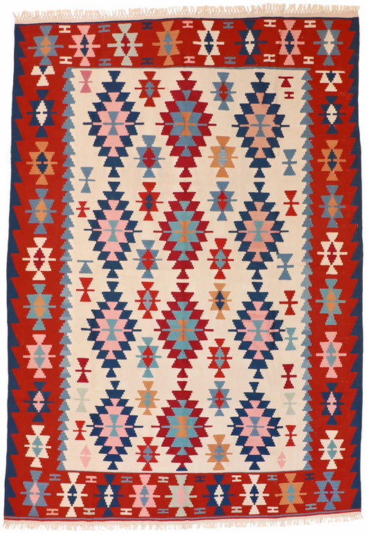 7.11 x 11.4 - Kilim Wool Geometric Rectangle - Finest Hand-Made Quality Wool — 27602