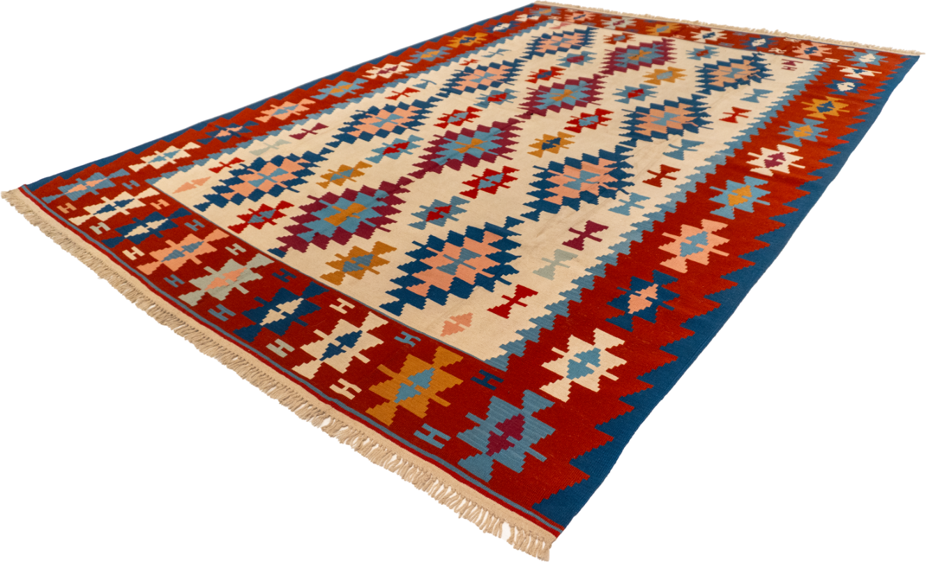 W 7.11 - L 11.4 - Kilim Wool Geometric Rectangle - Finest Hand-Made Quality Wool - 27602