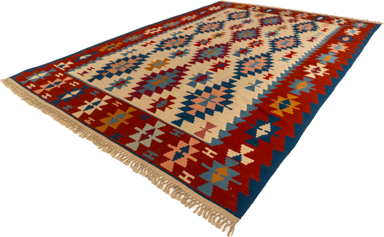 W 7.11 - L 11.4 - Kilim Wool Geometric Rectangle - Finest Hand-Made Quality Wool - 27602