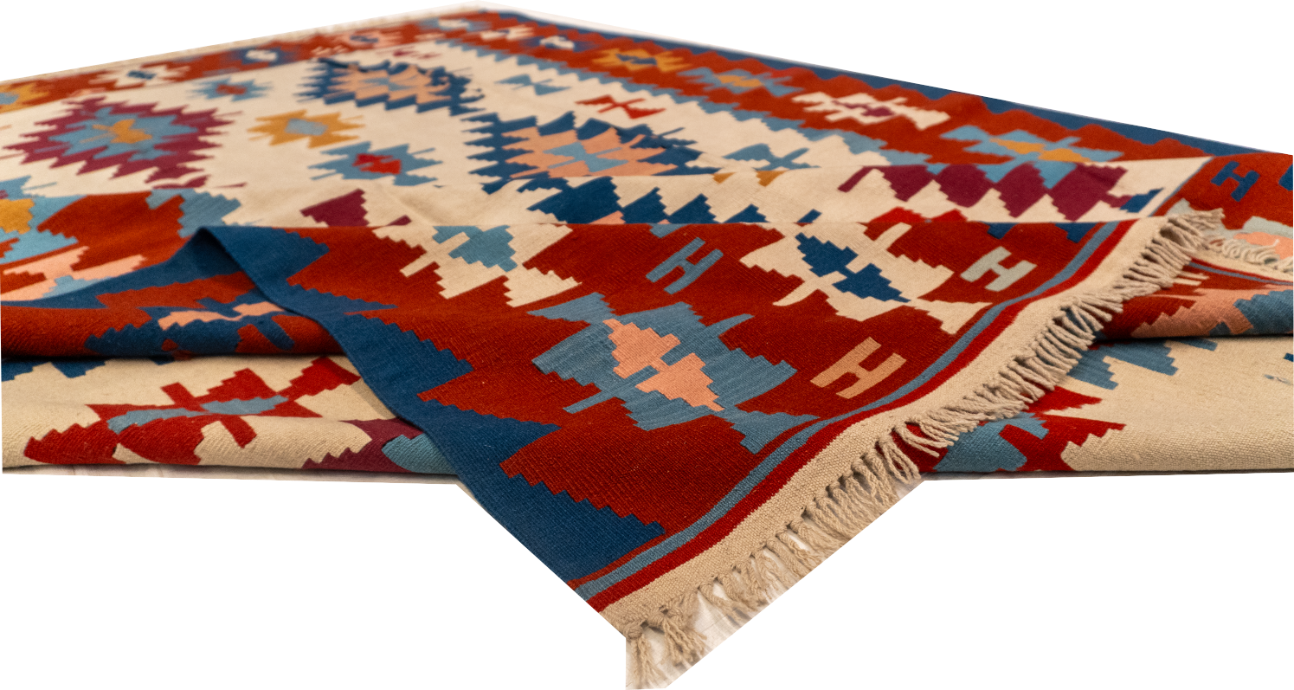 W 7.11 - L 11.4 - Kilim Wool Geometric Rectangle - Finest Hand-Made Quality Wool - 27602
