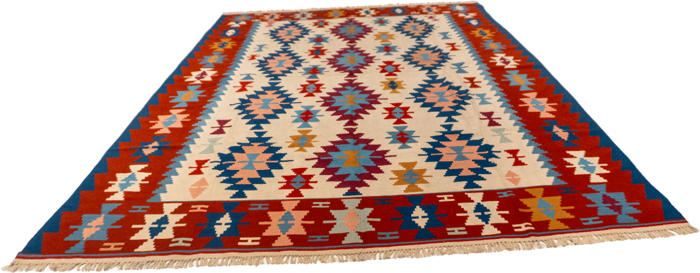 W 7.11 - L 11.4 - Kilim Wool Geometric Rectangle - Finest Hand-Made Quality Wool - 27602