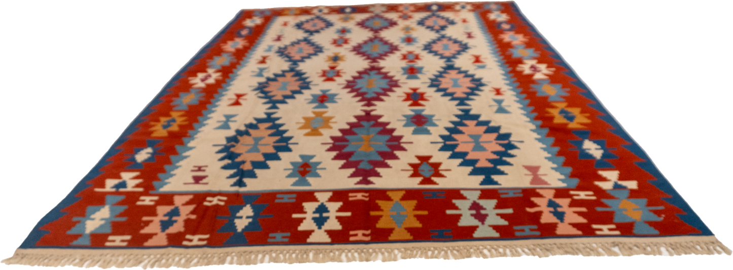 W 7.11 - L 11.4 - Kilim Wool Geometric Rectangle - Finest Hand-Made Quality Wool - 27602