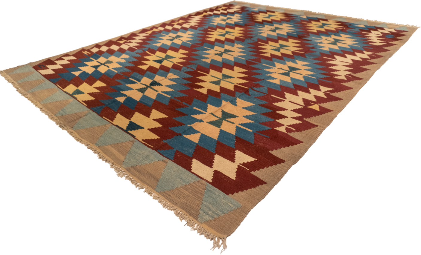 W 9 L 11.9 Kilim 100% Wool Hand-Woven Geometric Design - 3338