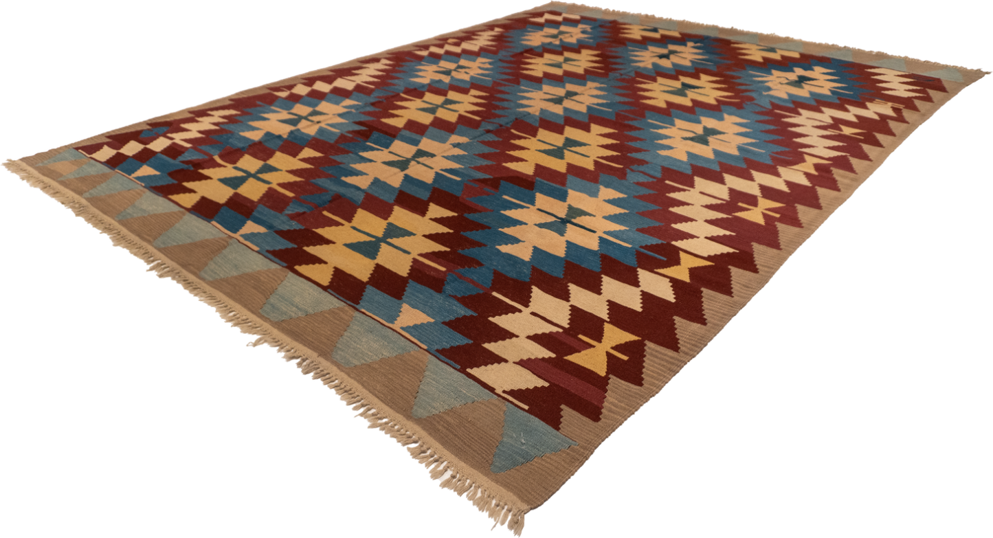 W 9 L 11.9 Kilim 100% Wool Hand-Woven Geometric Design - 3338