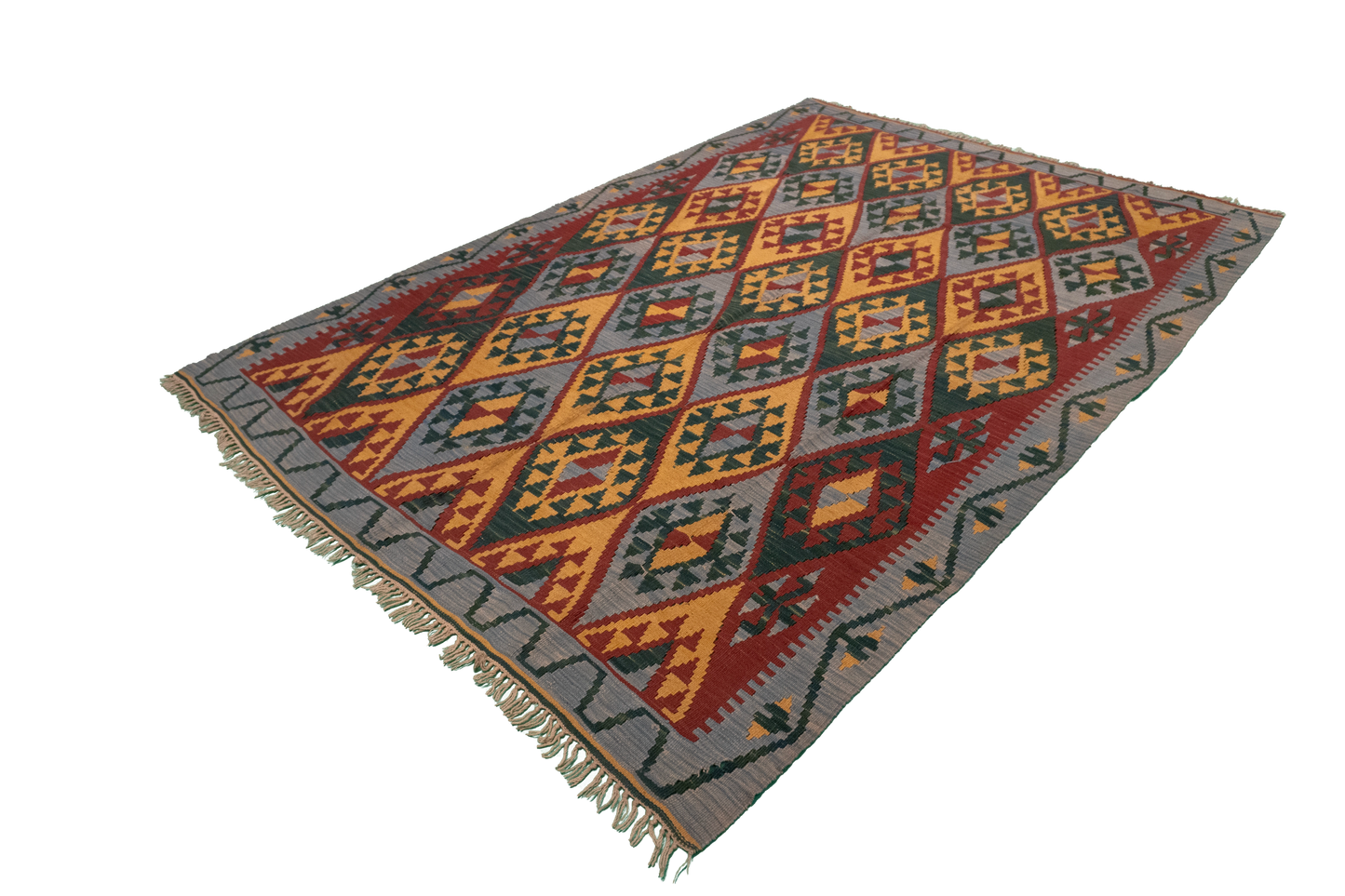 W 5.2 - L 7.7 - Kilim Fine Geometric Rectangle - Finest Hand-Made Quality Wool - 4193