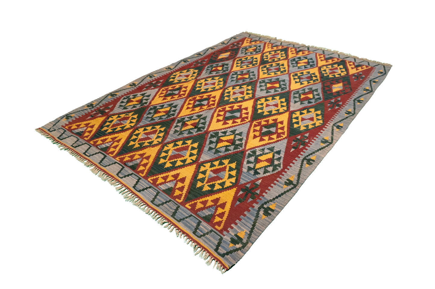 W 5.2 - L 7.7 - Kilim Fine Geometric Rectangle - Finest Hand-Made Quality Wool - 4193