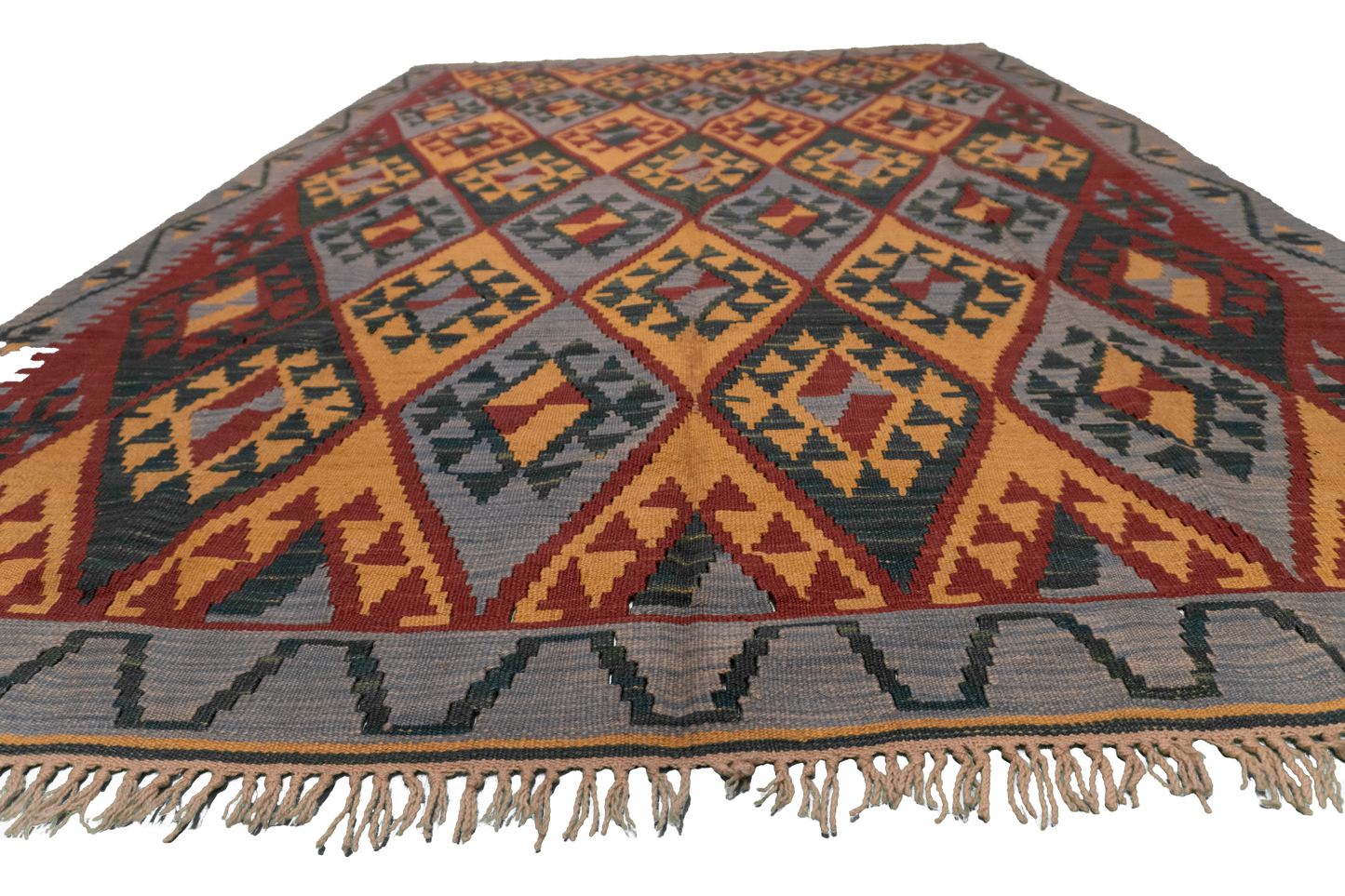 W 5.2 - L 7.7 - Kilim Fine Geometric Rectangle - Finest Hand-Made Quality Wool - 4193