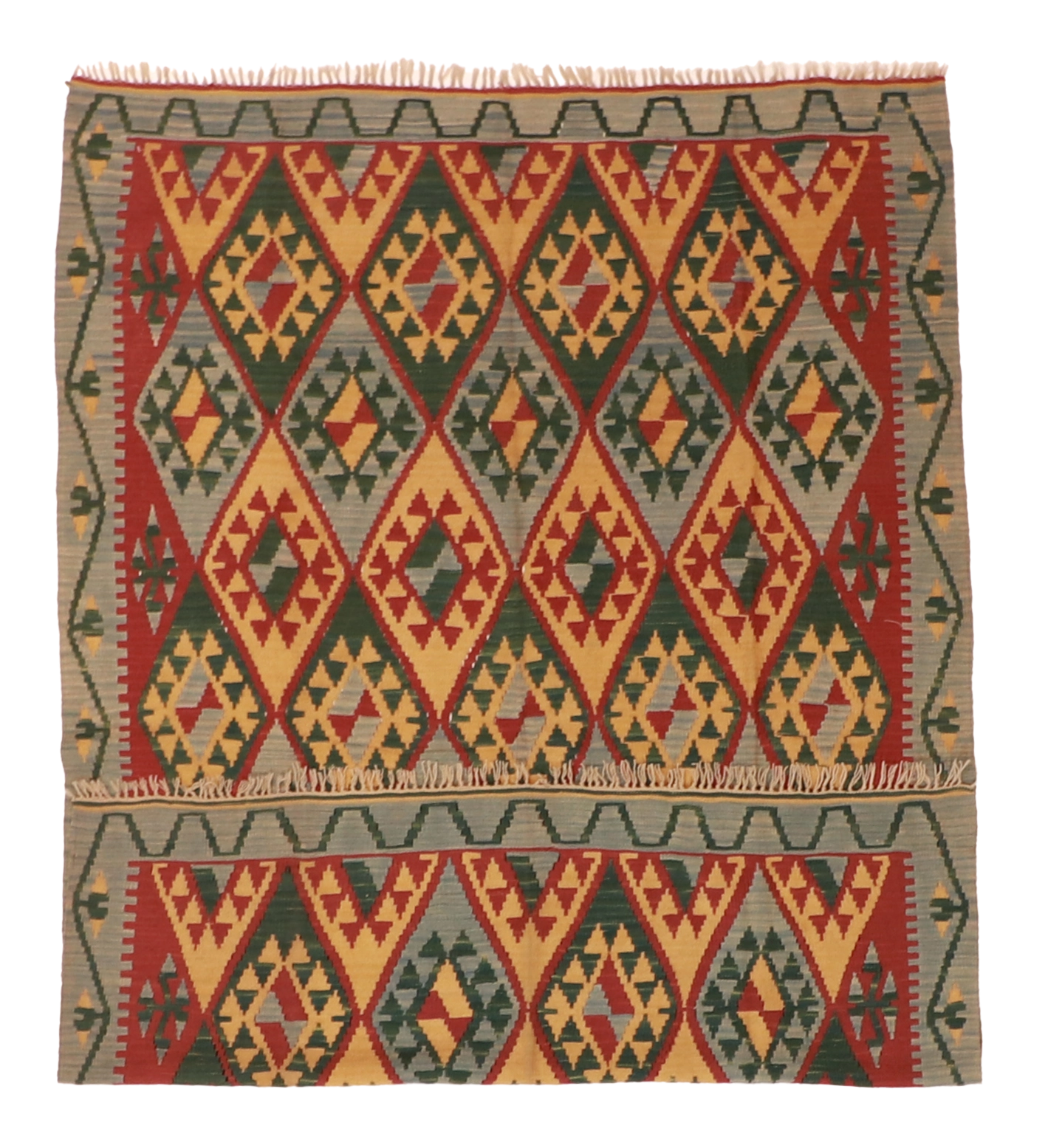 W 5.2 - L 7.7 - Kilim Fine Geometric Rectangle - Finest Hand-Made Quality Wool - 4193