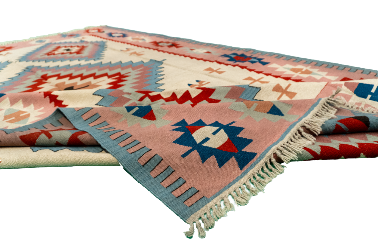W 6.7 L 9.10 Kilim 100% Wool Hand-Woven Geometric Design - 50026