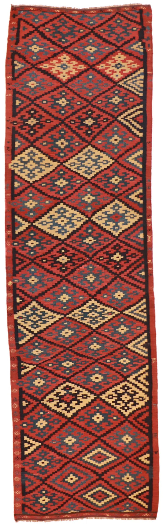 W 4 - L 13.9 - Kilim Silk Geometric Rectangle - Finest Hand-Made Quality Wool - 50072