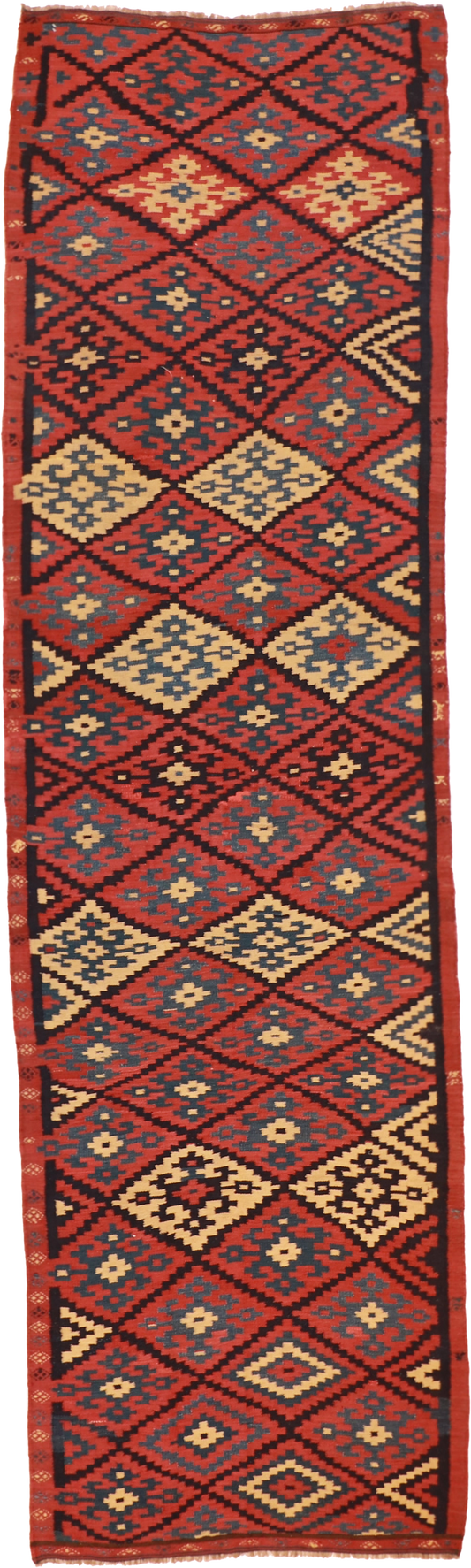 W 4 L 13.9 Kilim Runner 100% Silk Hand-Woven Geometric Design - 50072
