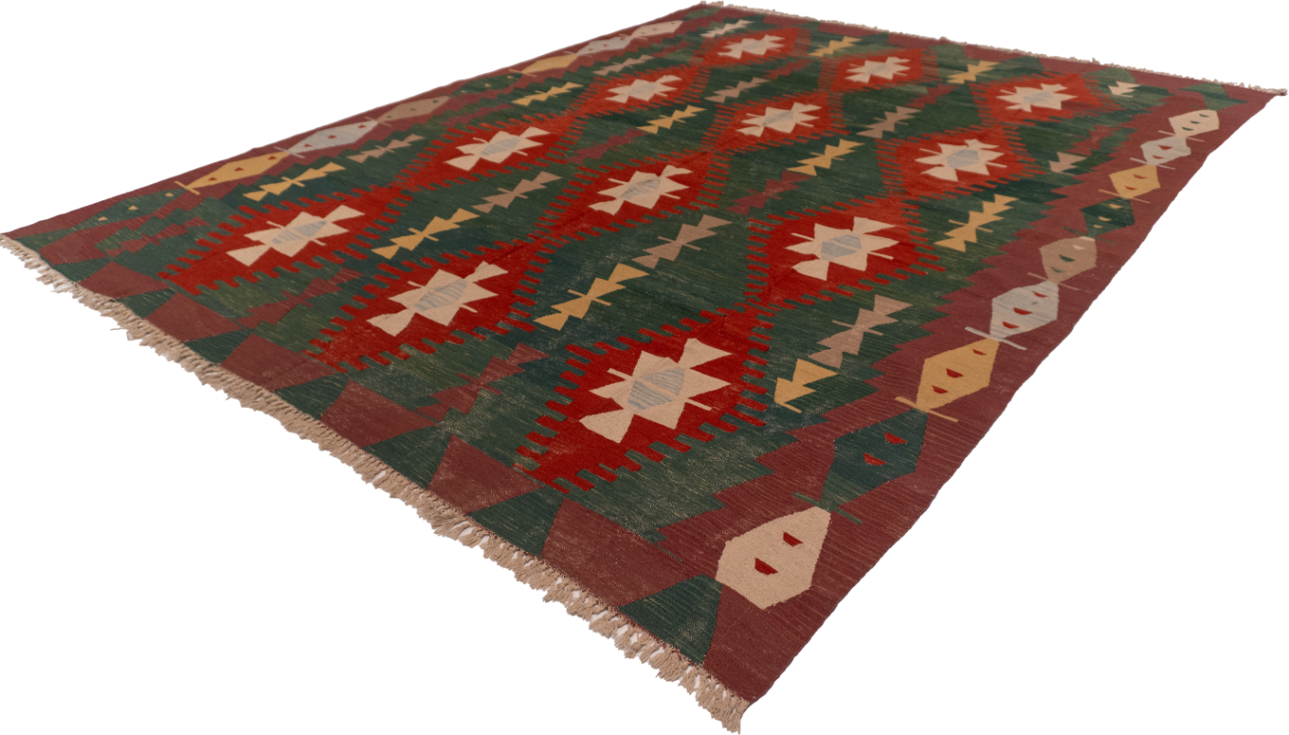 W 8.10 - L 11.3 - Kilim Wool Geometric Rectangle - Finest Hand-Made Quality Wool - 50095