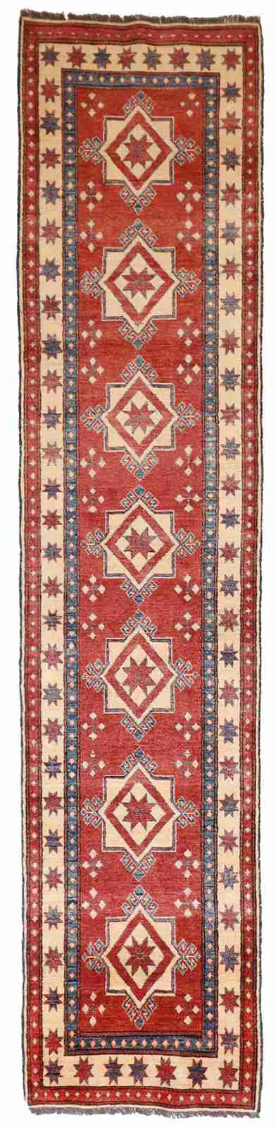 W 2.6 L 11.6 Kazak Runner 100% Wool Hand-Woven Geometric Design - 50627