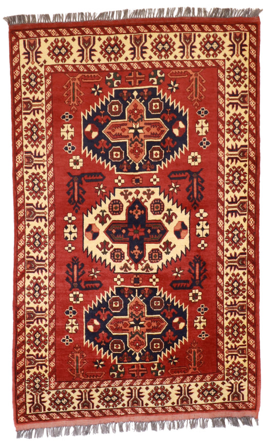 W 3.3 L 5.3 Kazak 100% Wool Hand-Woven Geometric Design - 50869