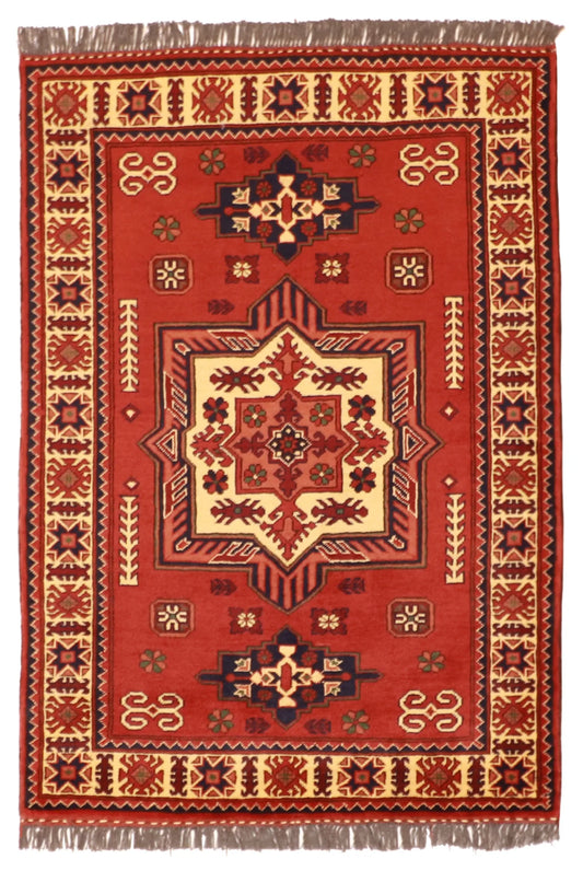 W 3.6 - L 4.10 - Gafgaz Wool Geometric Rectangle - Finest Hand-Knotted Quality Wool - 50876