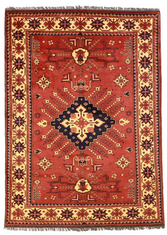 W 4.10 L 6.7 Kazak 100% Wool Hand-Woven Geometric Design - 50891
