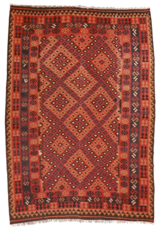 6.11 x 9.11 - Kilim Wool Geometric Rectangle - Finest Hand-Knotted Quality Wool — 50944