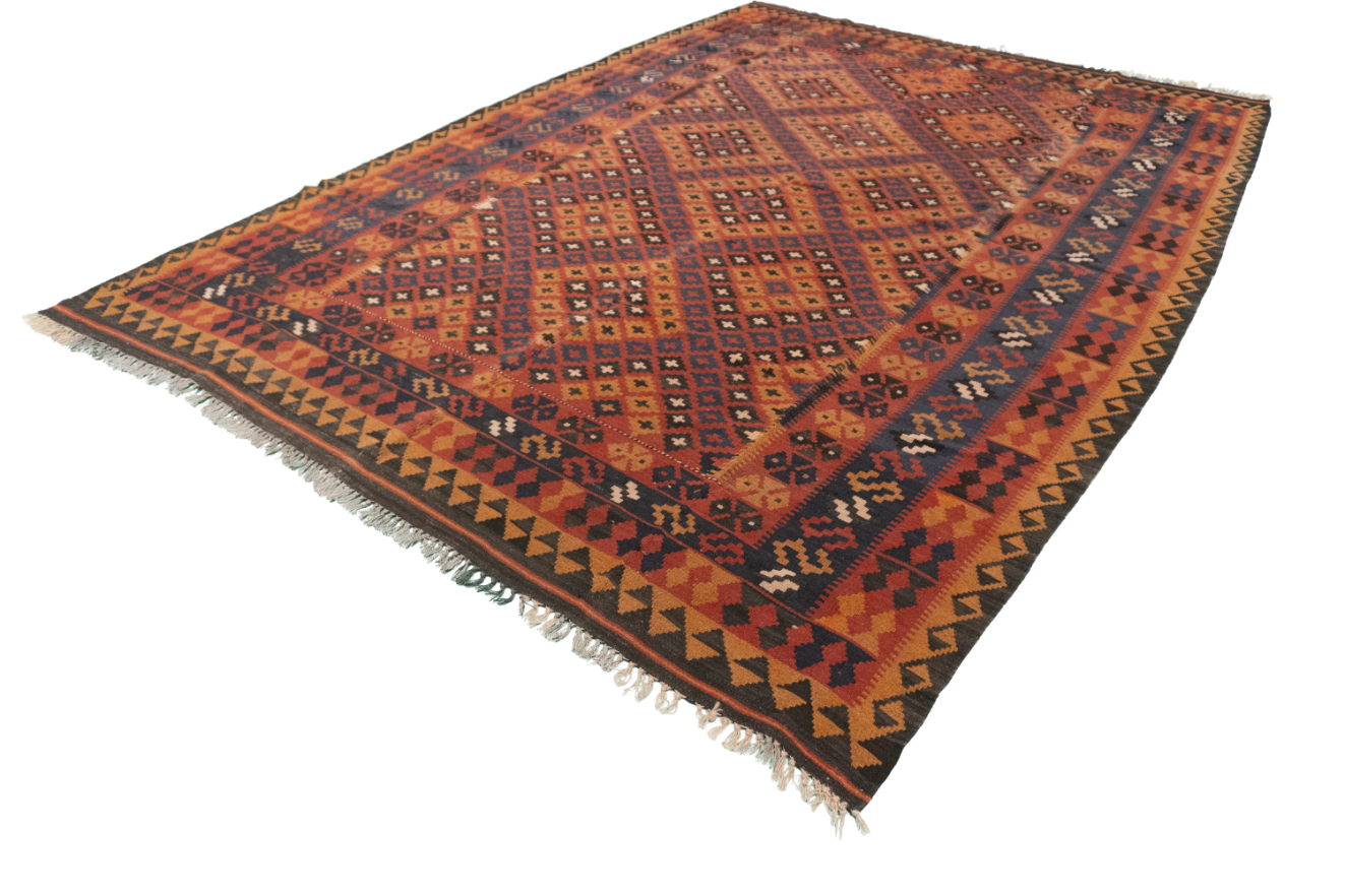 W 6.11 L 9.11 Kilim 100% Wool Hand-Woven Geometric Design - 50944