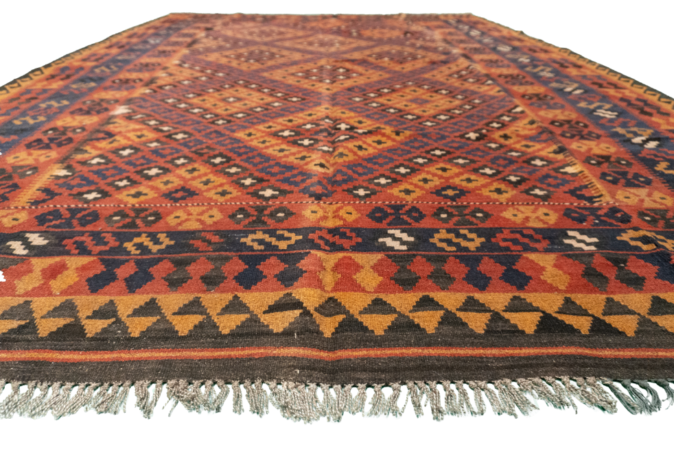W 6.11 L 9.11 Kilim 100% Wool Hand-Woven Geometric Design - 50944