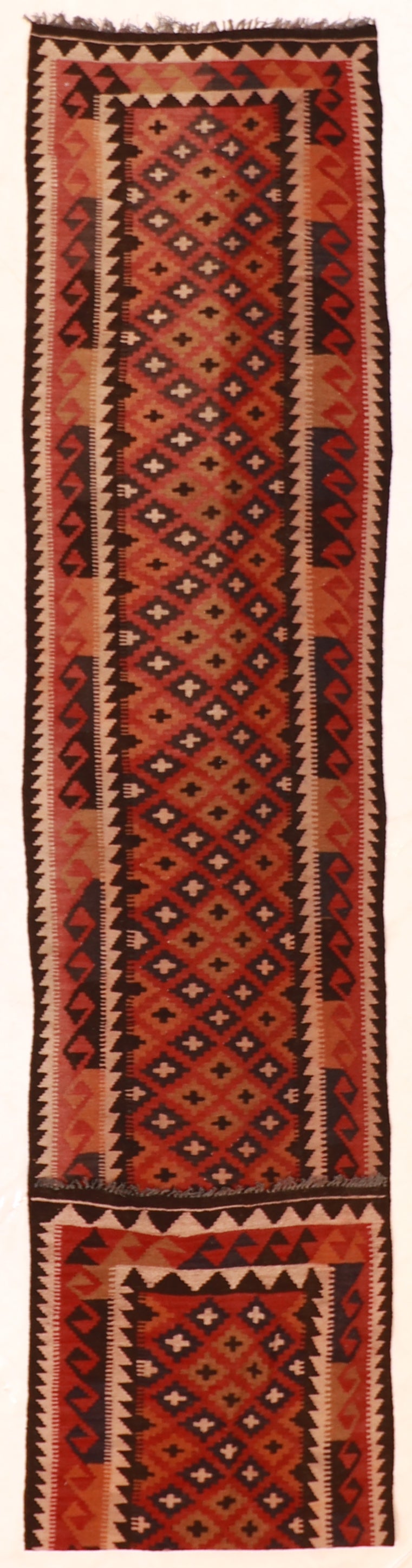 W 2.4 L 13.1 Kilim Runner 100% Wool Hand-Woven All-Over Design - 51047