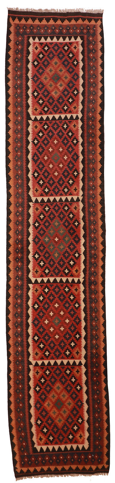 2'6"x12'1" Runner - Kilim Wool Geometric Rectangle - Hand Knotted Rug — 51055