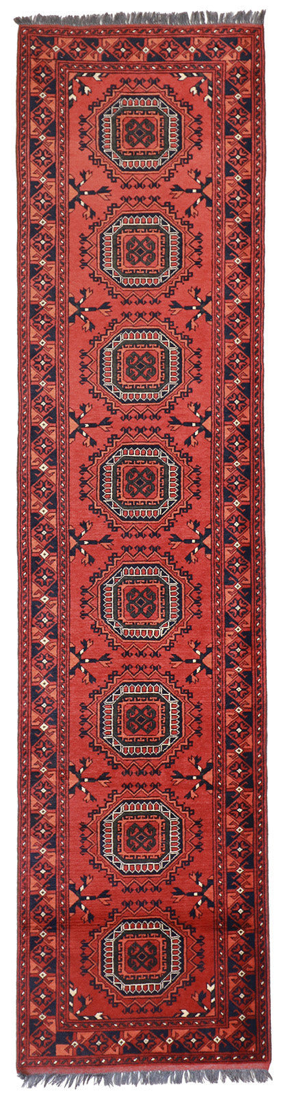 W 2.9 L 11.7 Turkaman Runner 100% Wool Handmade Pakistan Geometric Design - 53558