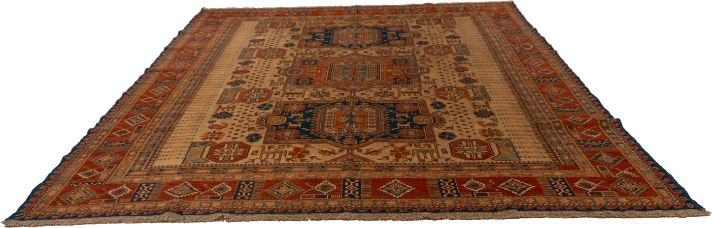W 8.2 L 9.4 Baluch 100% Wool Hand-Woven Geometric Design - 54529