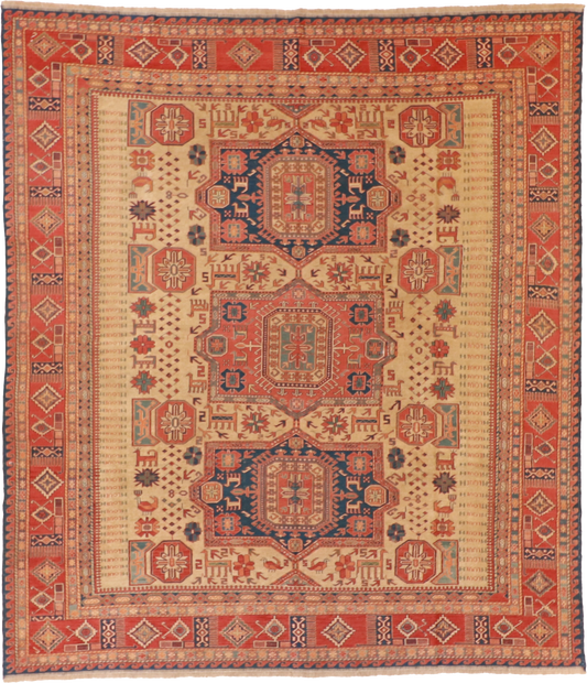 W 8.2 L 9.4 Baluch 100% Wool Hand-Woven Geometric Design - 54529