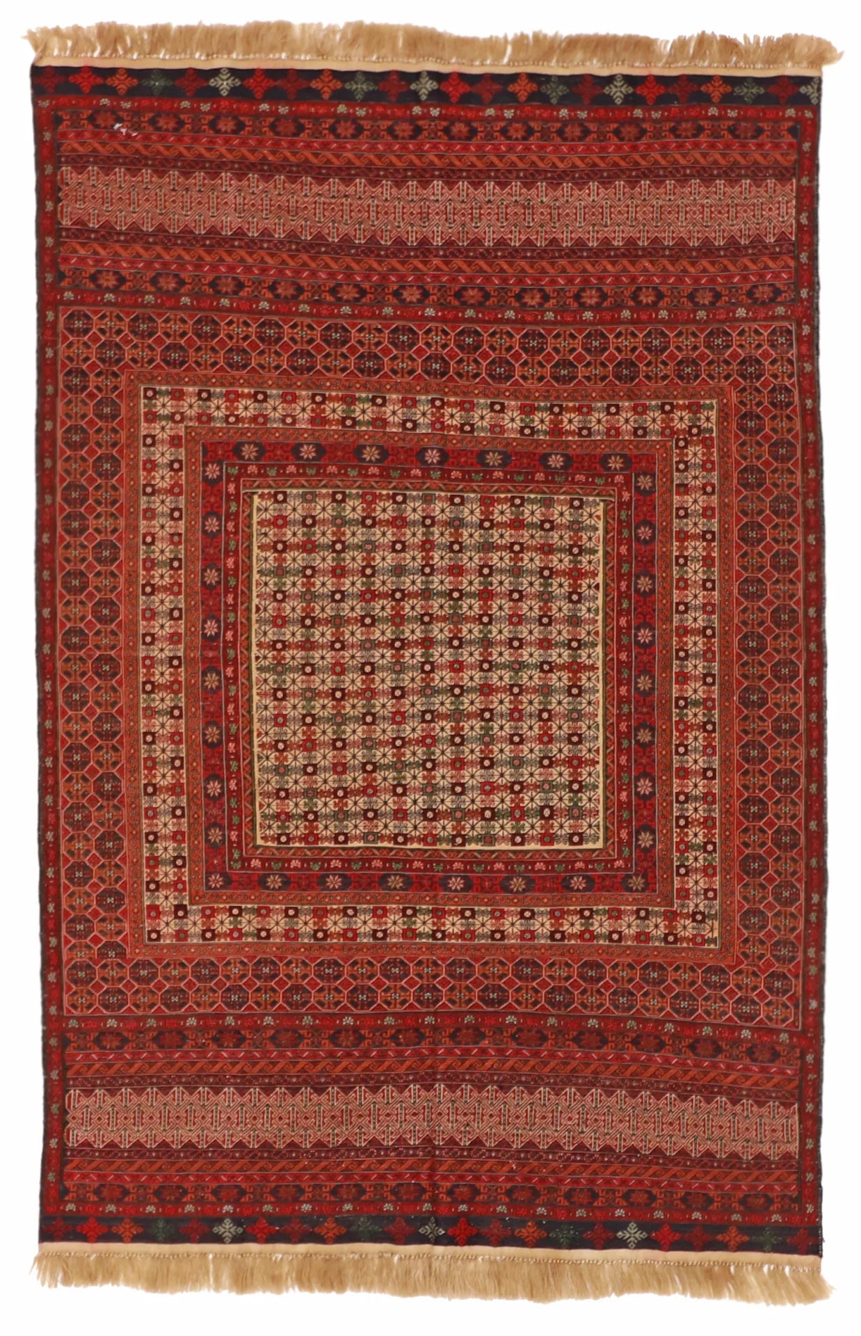 4 x 6 - Kurdish Fine/Wool Geometric Rectangle - Finest Hand-Made Quality Wool — 55028