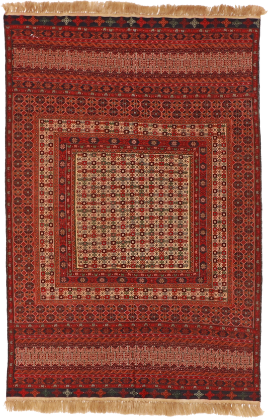 W 4 L 6 Kurdish 100% Wool Hand-Woven Geometric Design - 55028