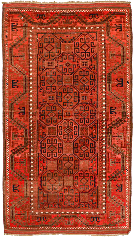 W 3.9 L 6.6 Baluch Antique 100% Wool Hand-Woven Geometric Design - 55202