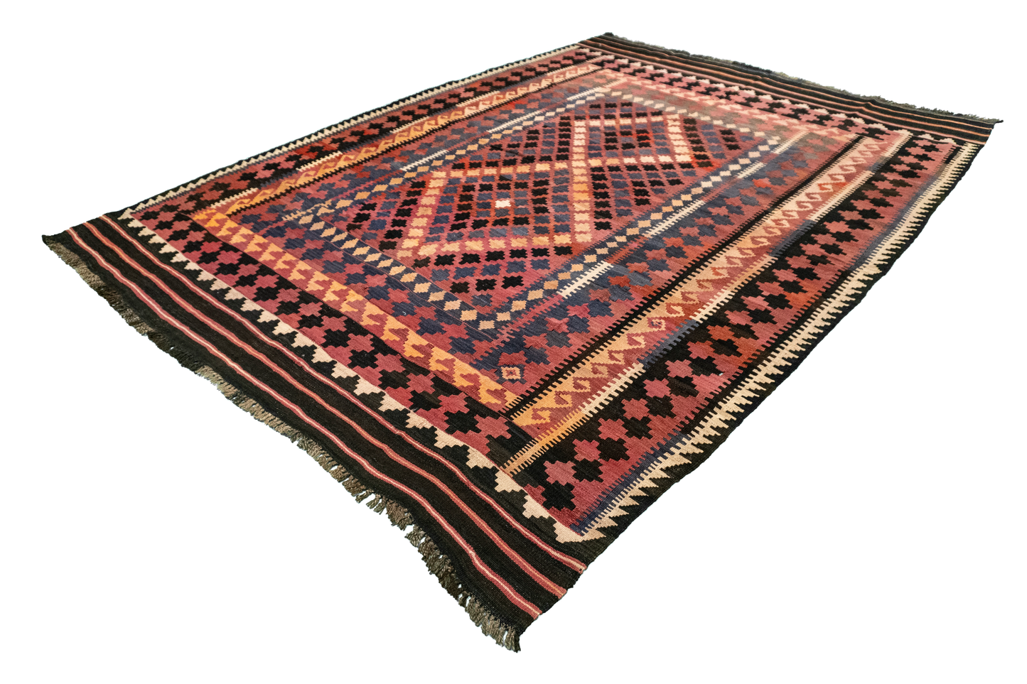 W 6.7 L 9.3 Kilim 100% Wool Hand-Woven Geometric Design - 55545