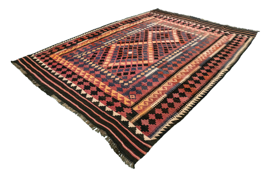 W 6.7 L 9.3 Kilim 100% Wool Hand-Woven Geometric Design - 55545