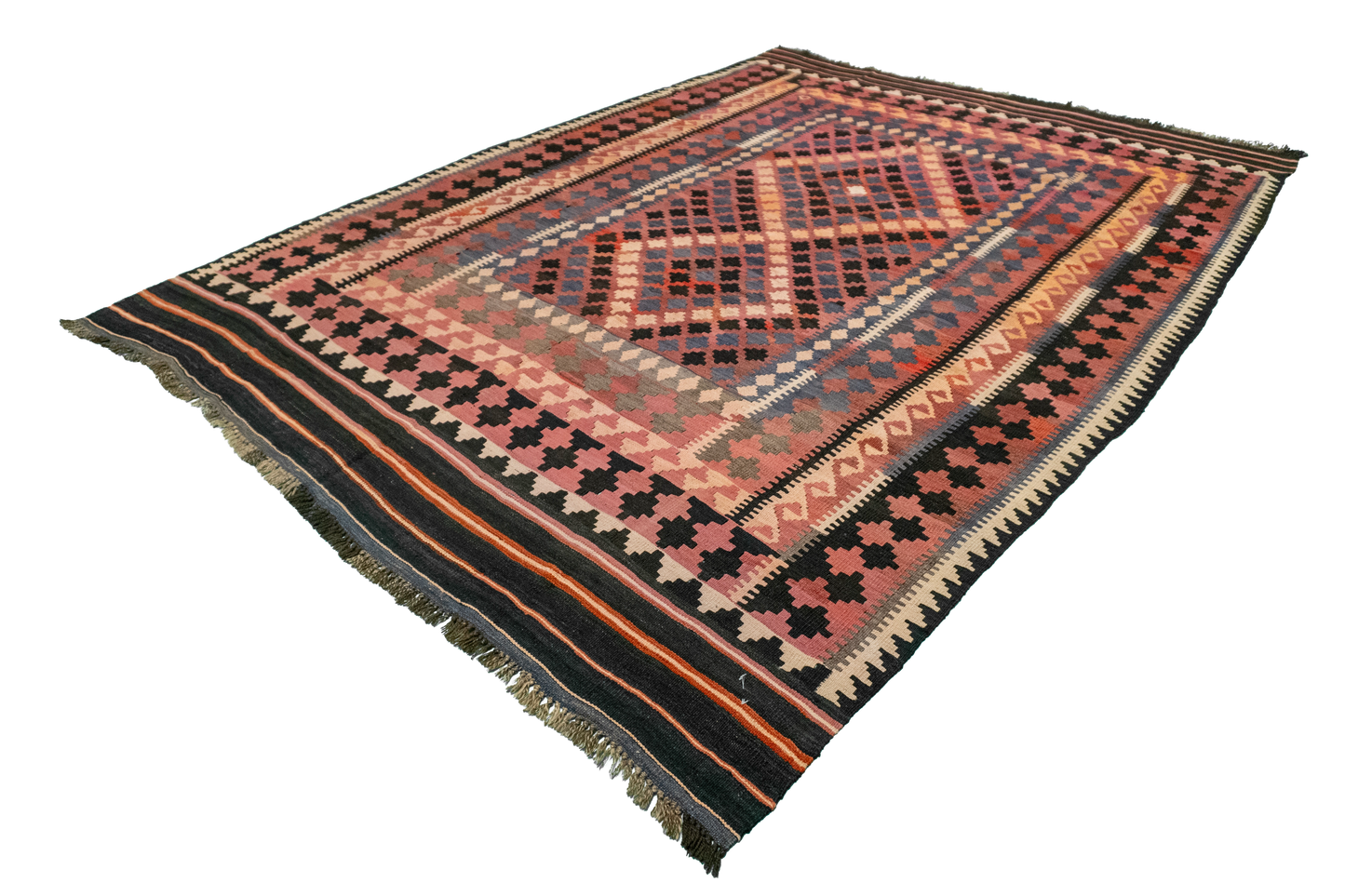W 6.7 L 9.3 Kilim 100% Wool Hand-Woven Geometric Design - 55545