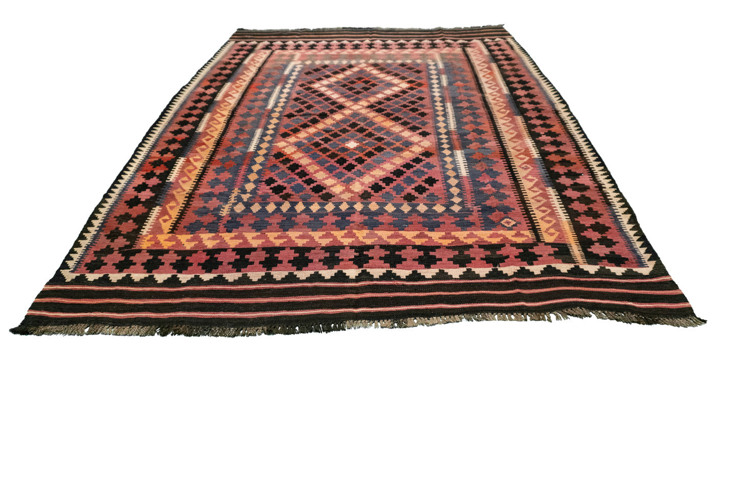 W 6.7 L 9.3 Kilim 100% Wool Hand-Woven Geometric Design - 55545